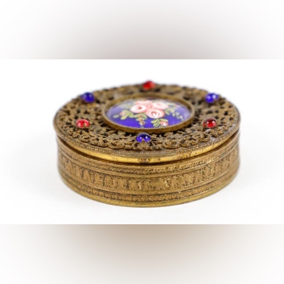 Antique YARDLEY French Gilt Filigree & Enamel Brass Compact Box Floral - Picture 2 of 6